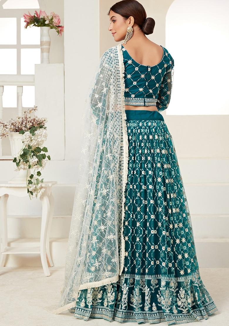 Teal Blue Embroidered Net Lehenga Set - Indya