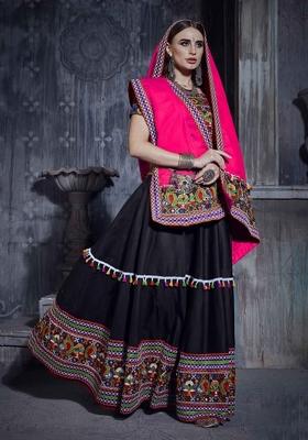 Black Embroidered Silk Lehenga Set