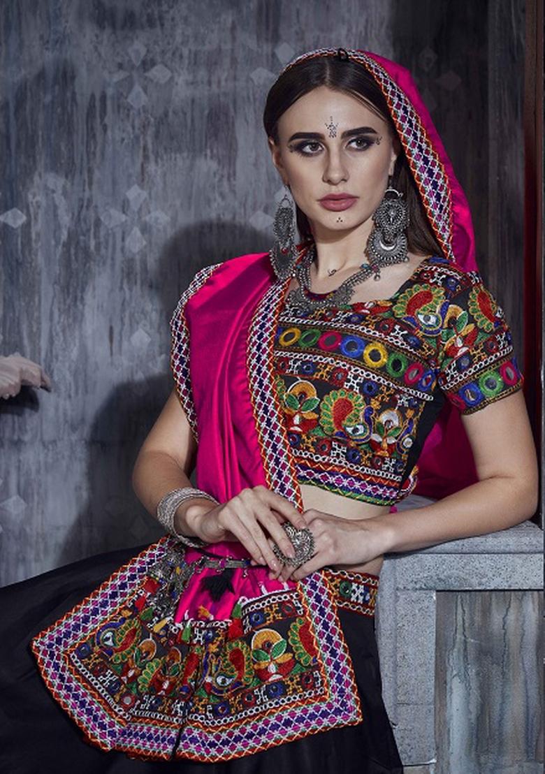 Black Embroidered Silk Lehenga Set - Indya