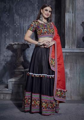 Black Embroidered Silk Lehenga Set
