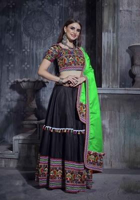Black Embroidered Silk Lehenga Set