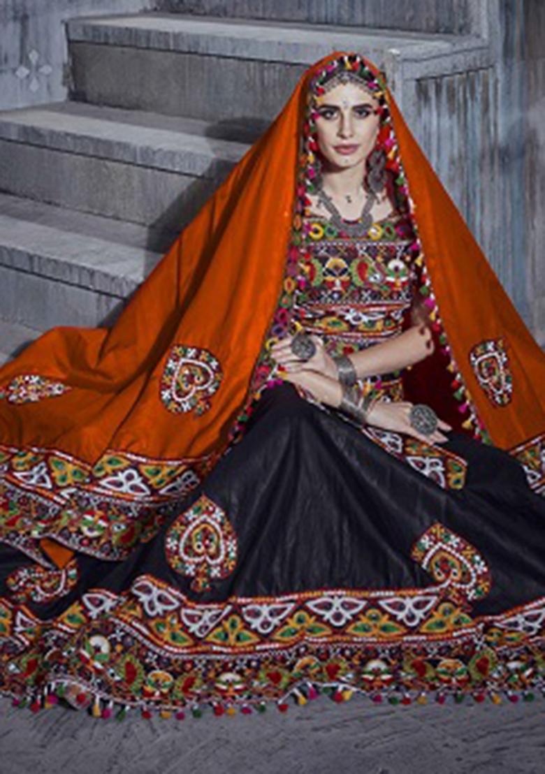 Black Embroidered Silk Lehenga Set - Indya
