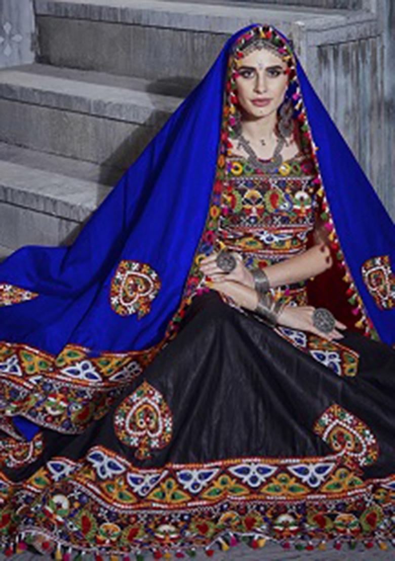 Black Embroidered Silk Lehenga Set - Indya