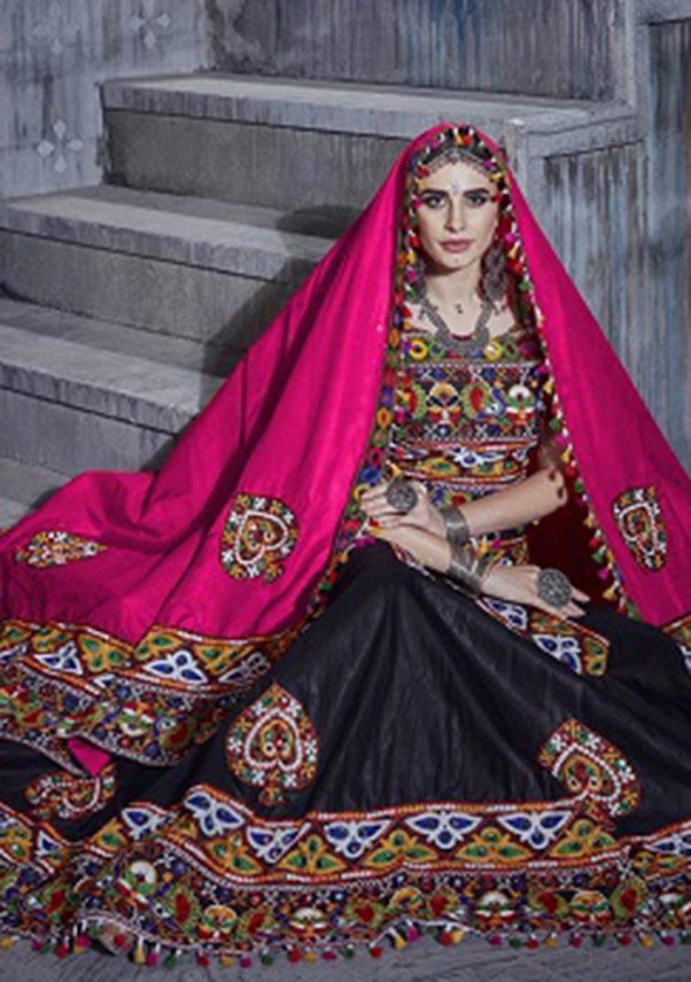 Black Embroidered Silk Lehenga Set - Indya