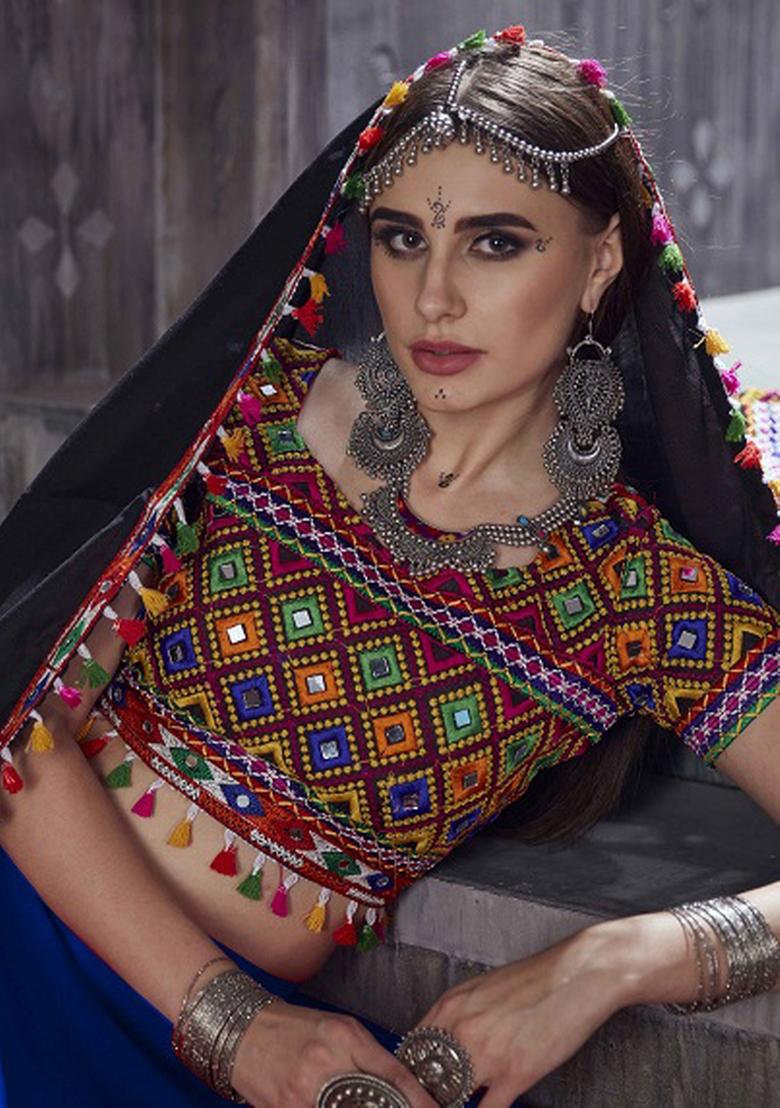 Blue Embroidered Silk Lehenga Set - Indya
