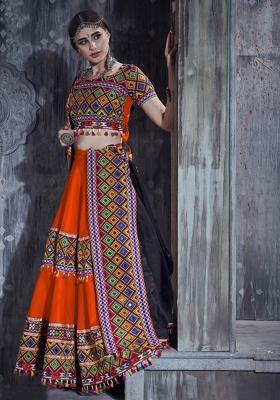 Orange Embroidered Silk Lehenga Set