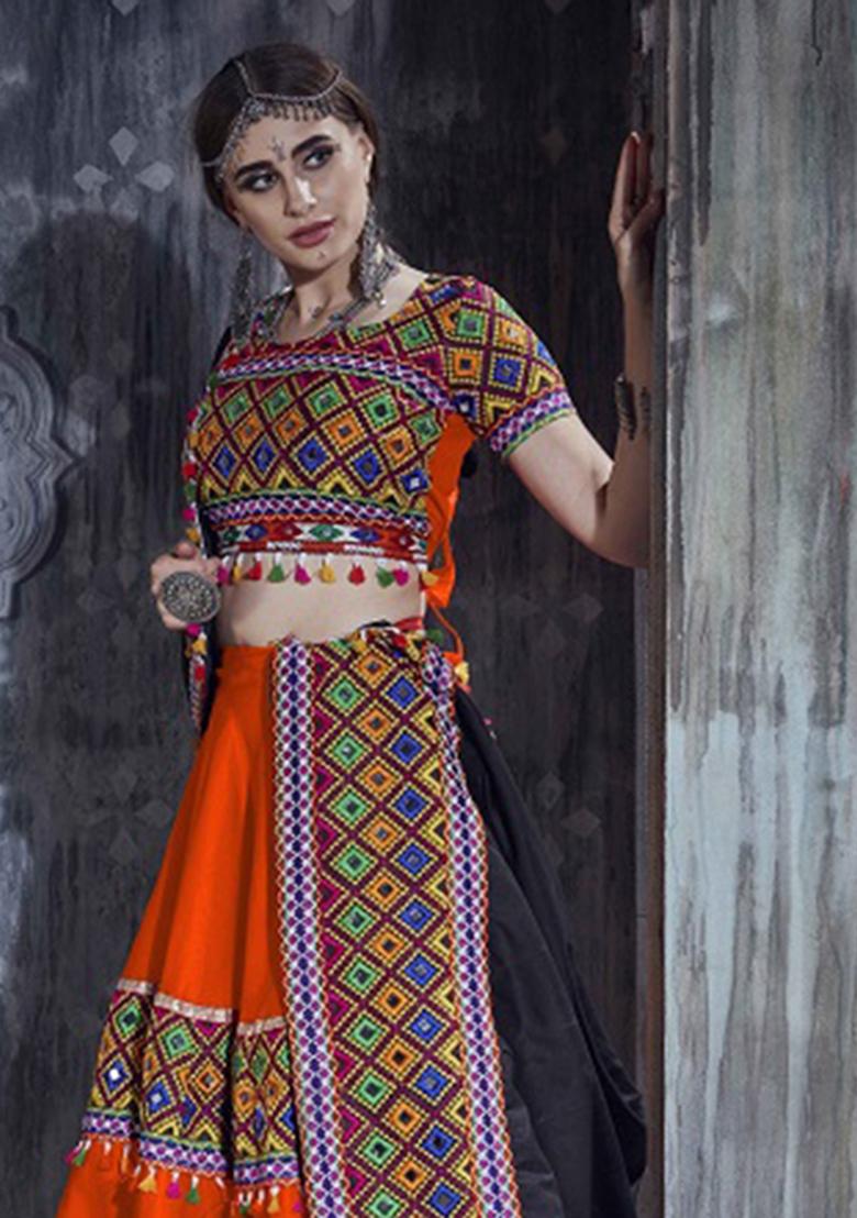 Orange Embroidered Silk Lehenga Set - Indya