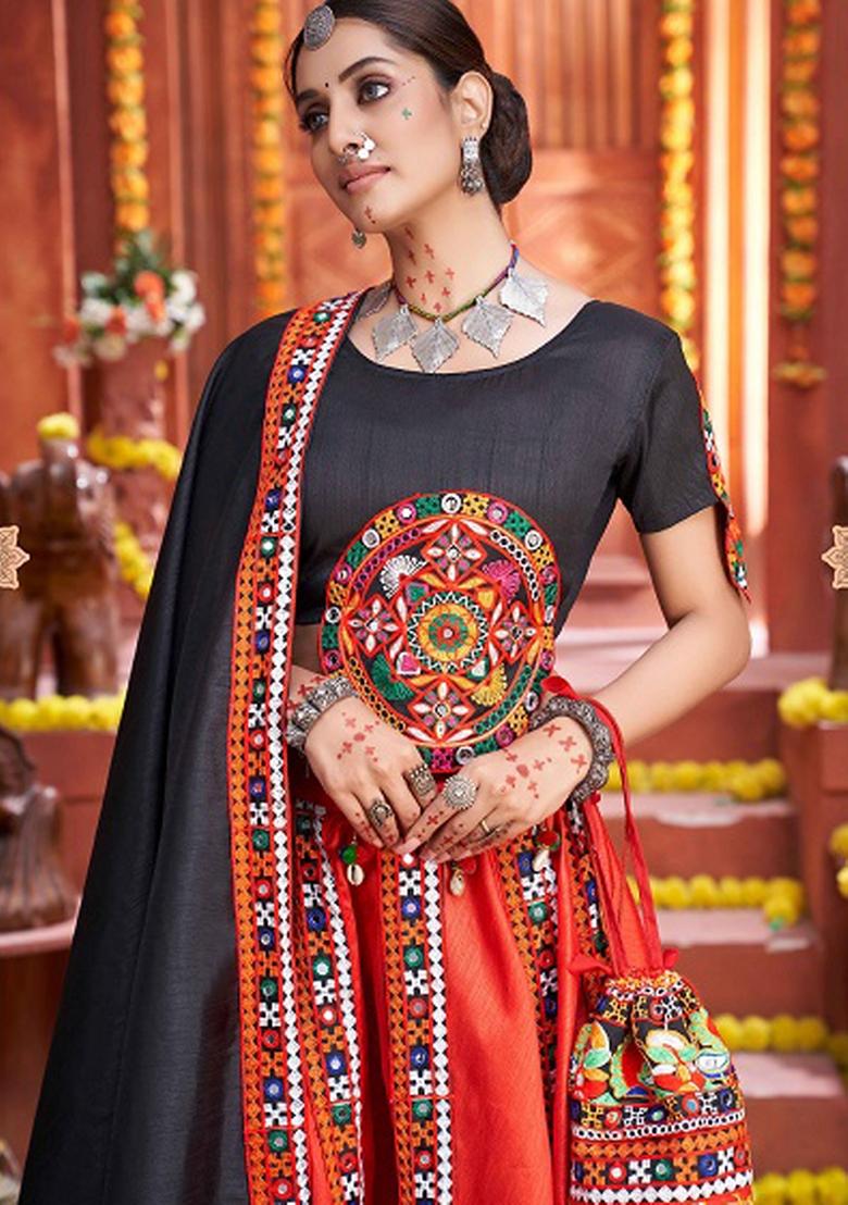 Black Embroidered Silk Lehenga Set - Indya