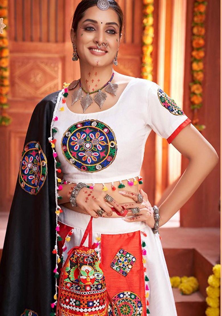 Off White Embroidered Silk Lehenga Set - Indya
