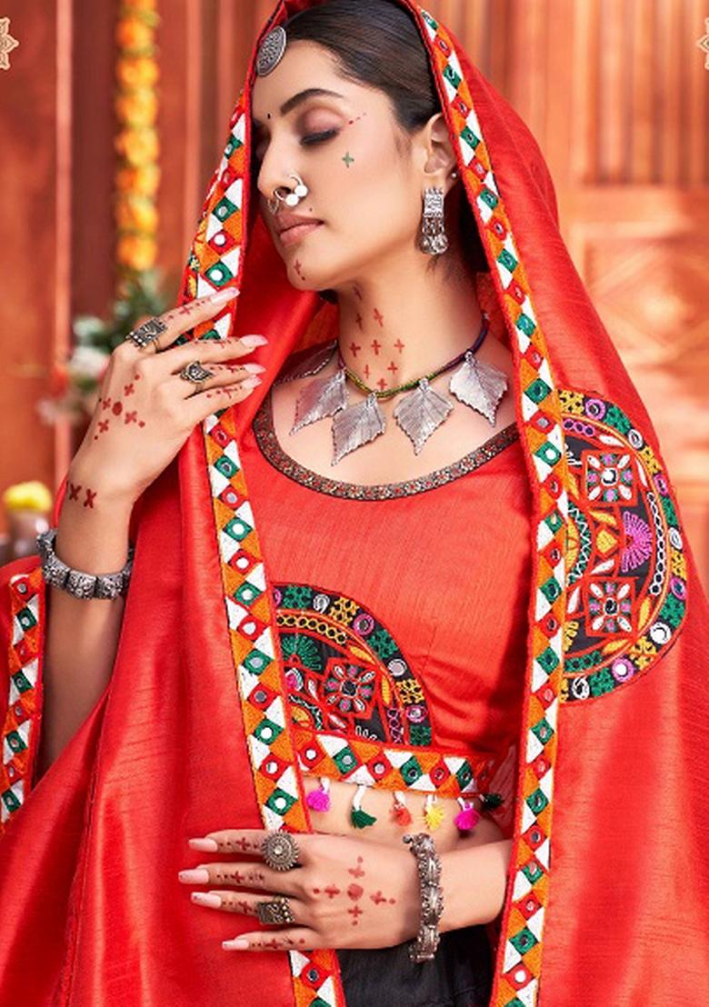 Red Embroidered Silk Lehenga Set - Indya