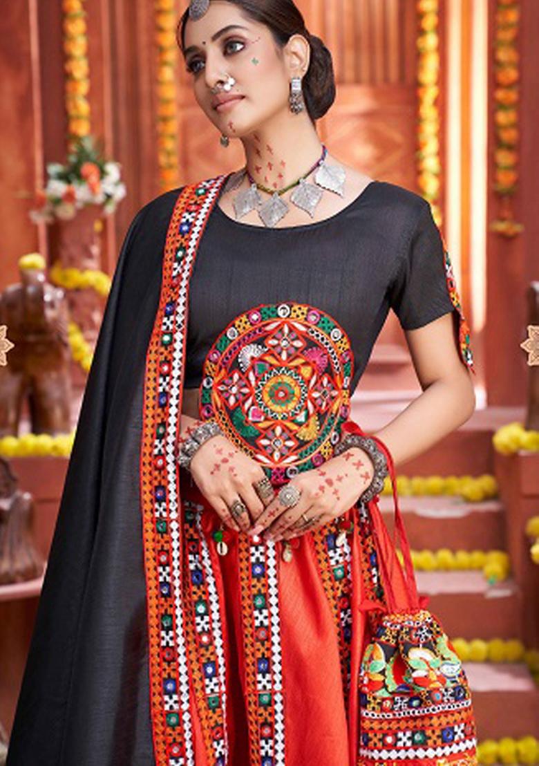 Black Printed Silk Lehenga Set - Indya