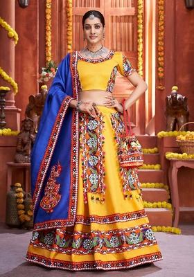 Yellow Printed Silk Lehenga Set