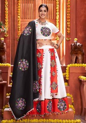 White Printed Silk Lehenga Set