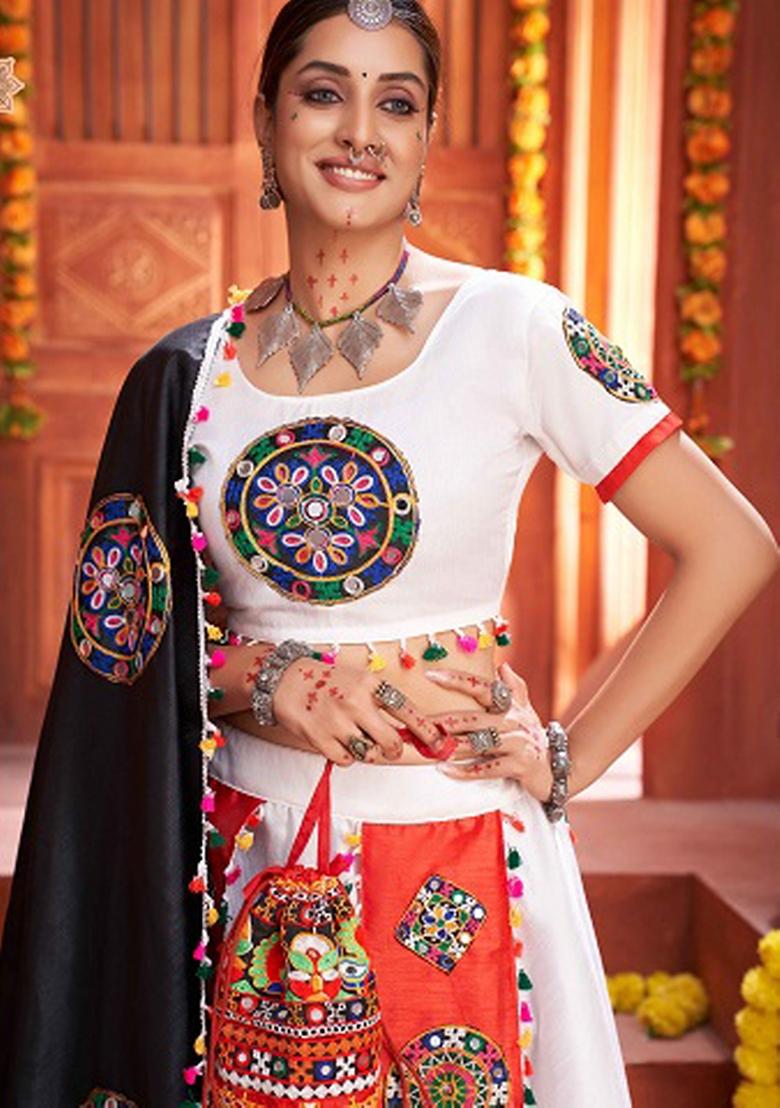 White Printed Silk Lehenga Set - Indya