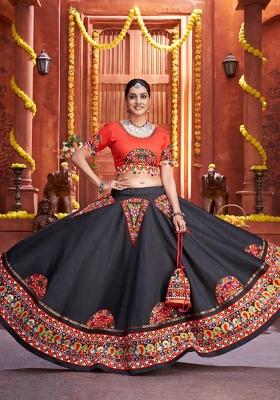 Orange Printed Silk Lehenga Set