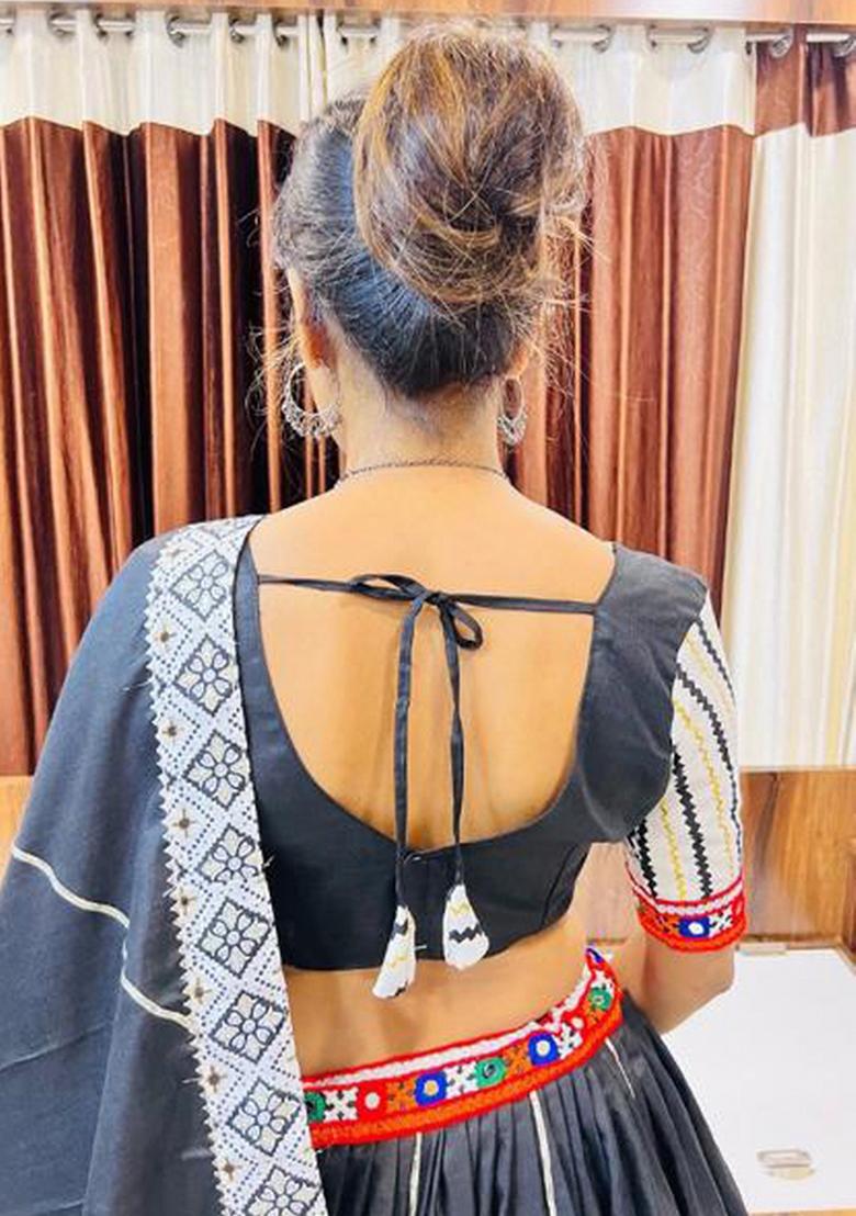 Black Printed Cotton Lehenga Set - Indya
