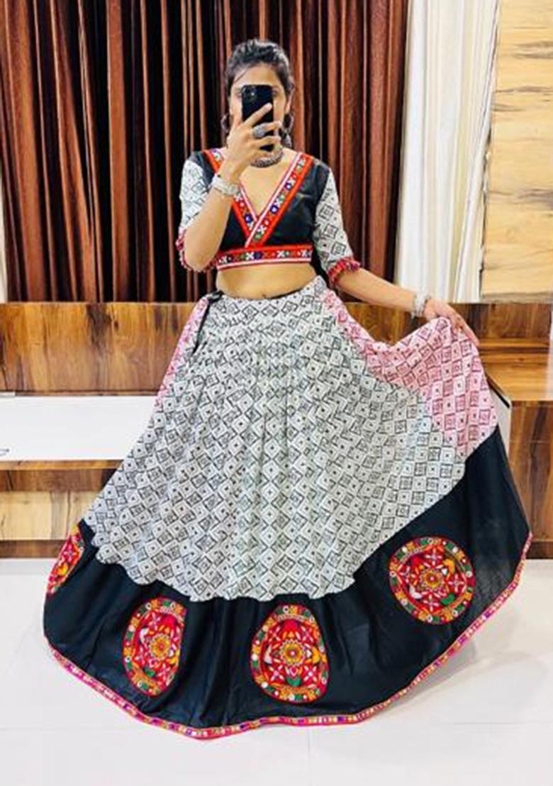 Black Printed Cotton Lehenga Set - Indya