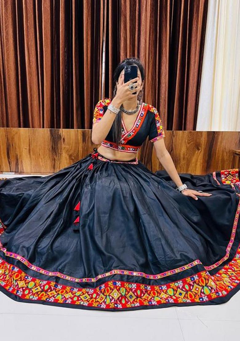 Black Printed Cotton Lehenga Set - Indya