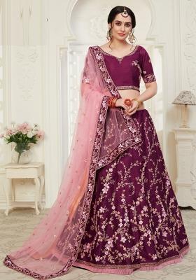 Wine Embroidered Silk Lehenga Set