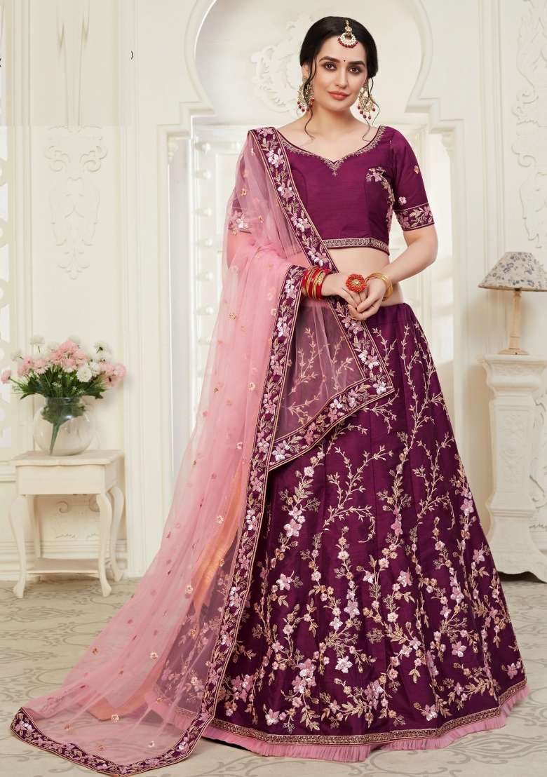 Wine Silk Lehenga Set with Embroidered for Diwali | Wedding & Festive Wear - Indya