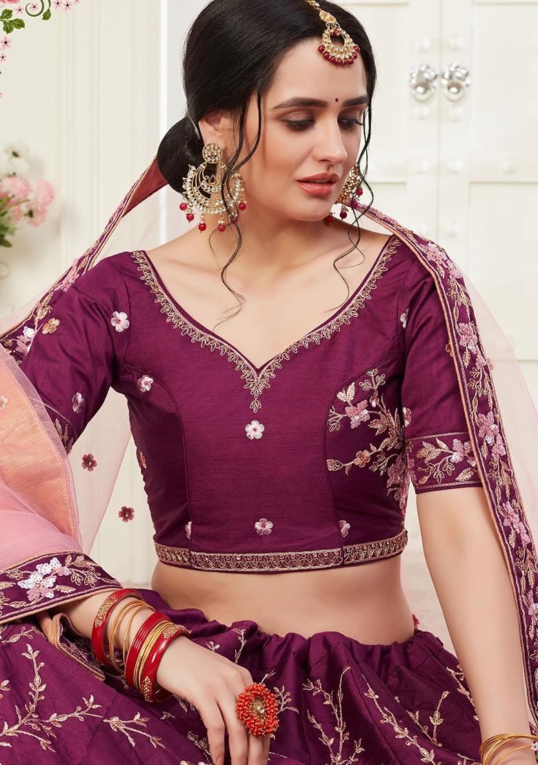 Wine Embroidered Silk Lehenga Set - Indya