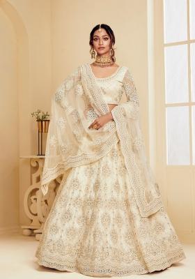 Off White Embroidered Net Lehenga Set