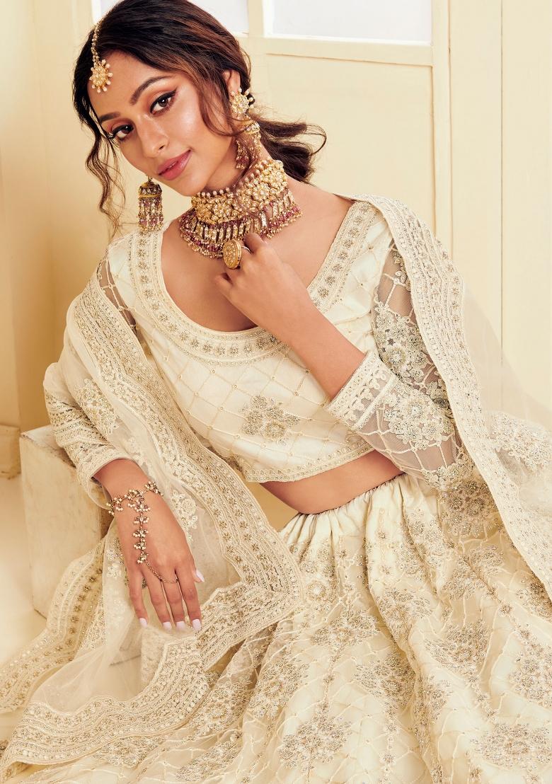Off White Embroidered Net Lehenga Set - Indya