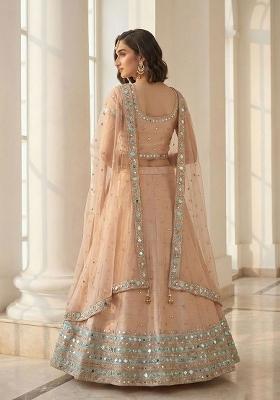 Peach Embroidered Silk Lehenga Set