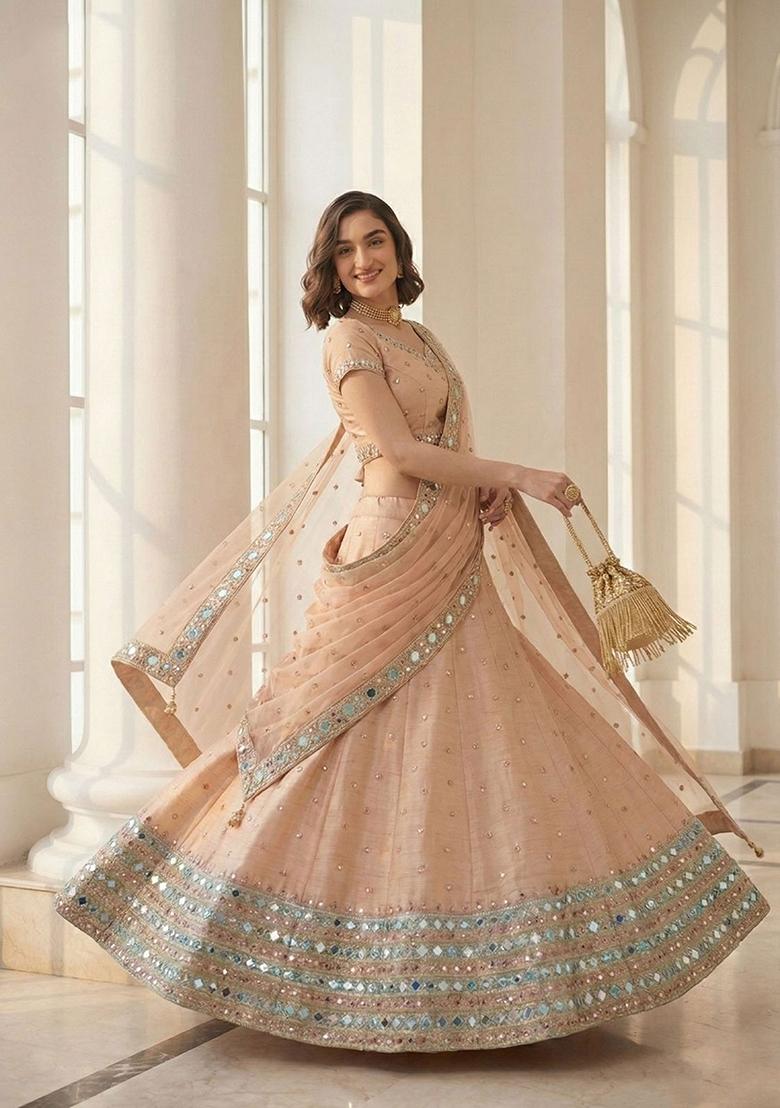 Peach Embroidered Silk Lehenga Set - Indya