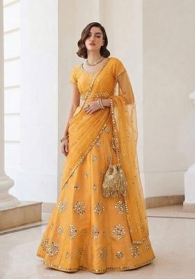Mustard Yellow Embroidered Silk Lehenga Set