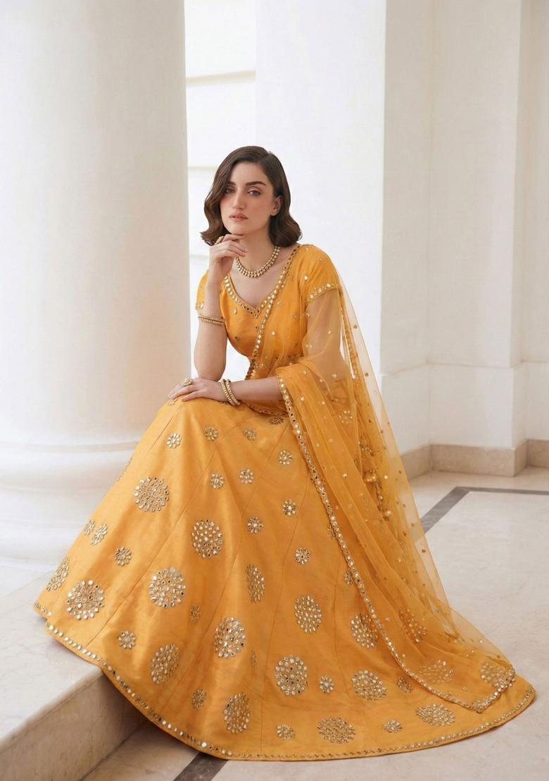 Mustard Yellow Embroidered Silk Lehenga Set - Indya