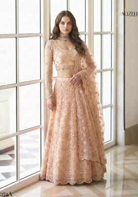 Peach Embroidered Net Lehenga Set