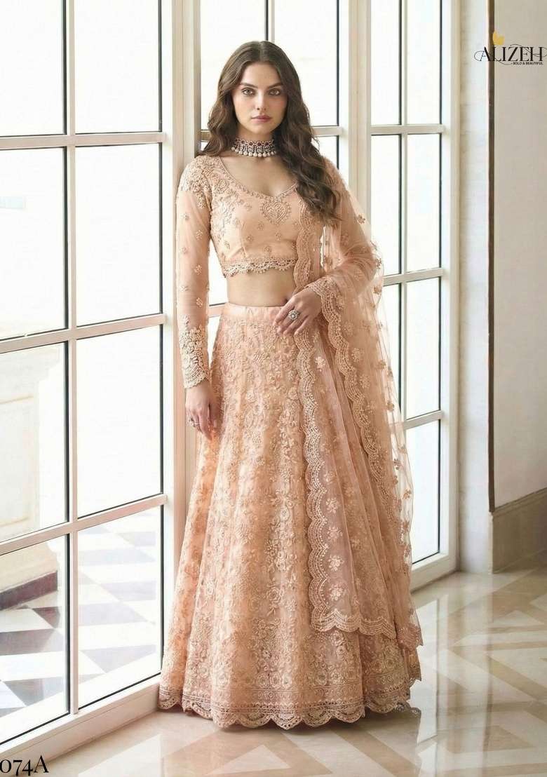 Peach Embroidered Net Lehenga Set - Indya