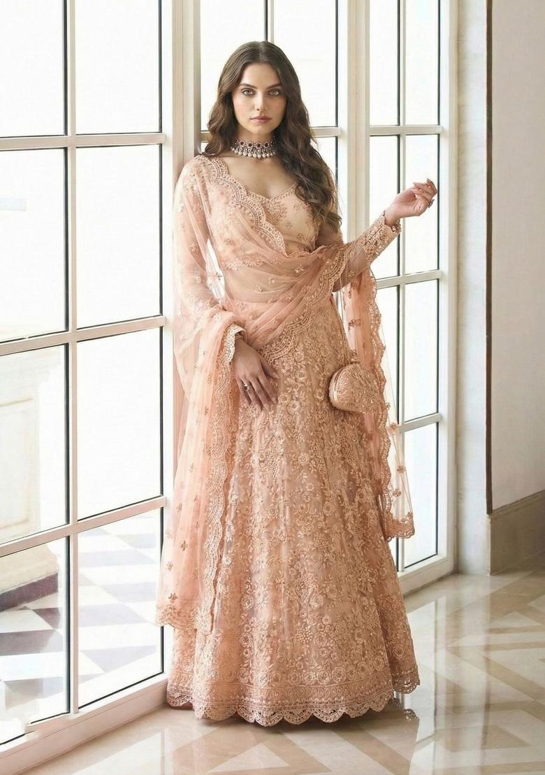 Peach Embroidered Net Lehenga Set - Indya