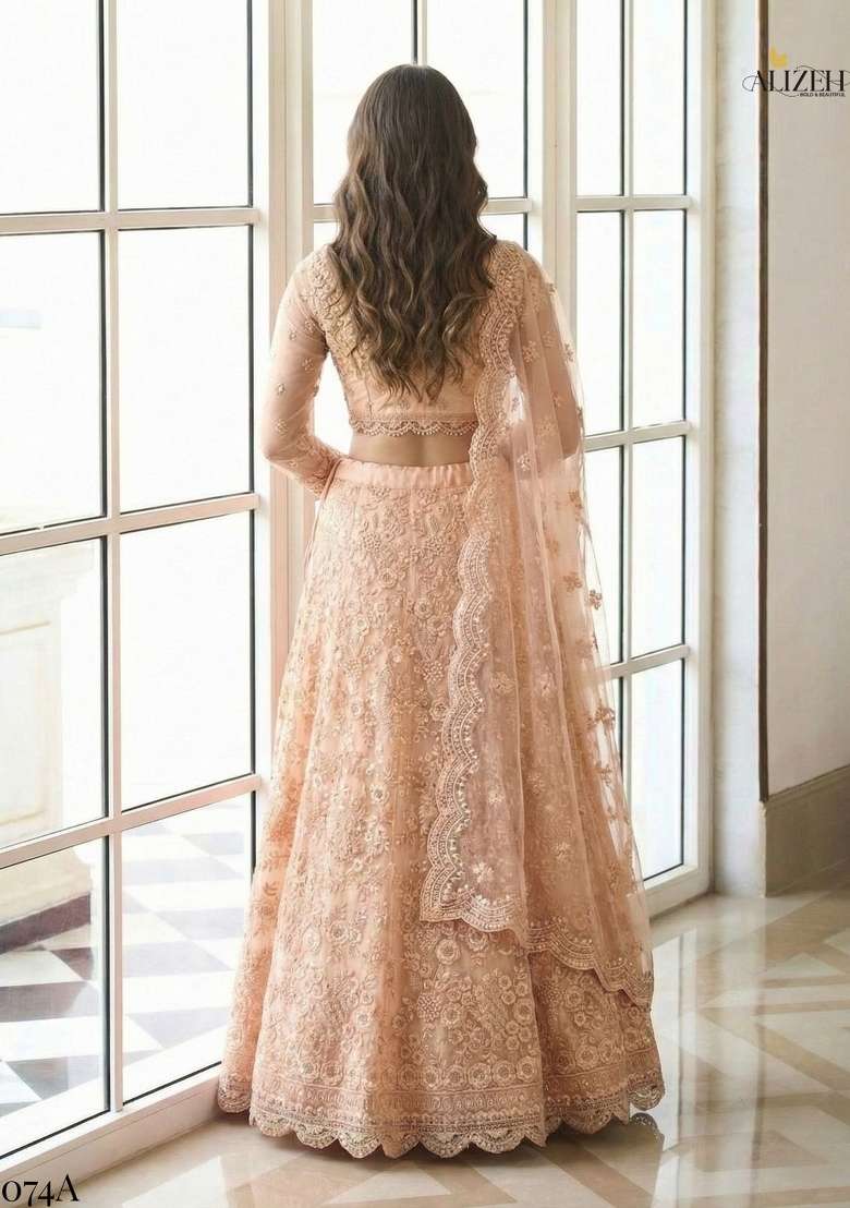 Peach Embroidered Net Lehenga Set - Indya