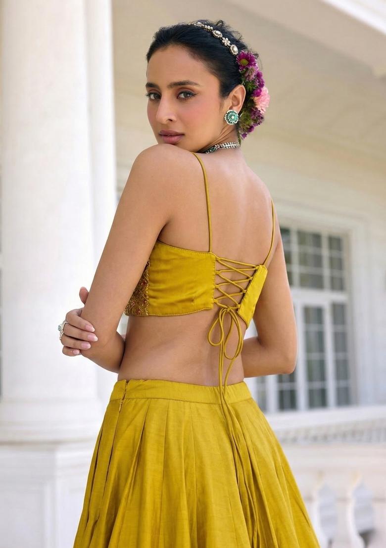 Yellow Embroidered Silk Lehenga Set - Indya