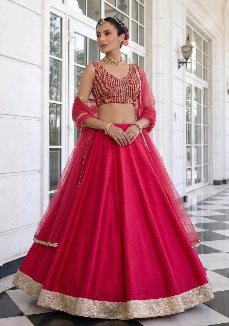 Pink Embroidered Silk Lehenga Set - Indya