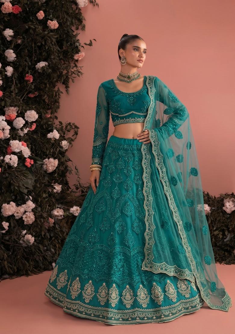 Blue Zari Work Net Lehenga Set - Indya