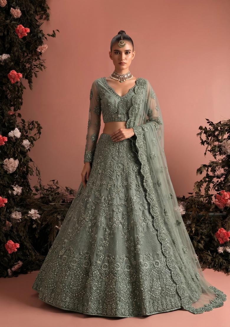 Sea Green Zari Work Net Lehenga Set - Indya