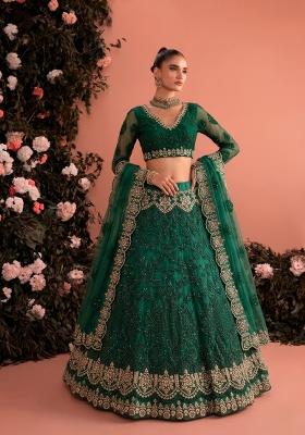 Green Zari Work Net Lehenga Set