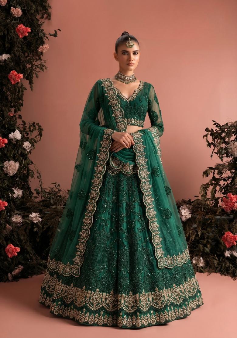 Green Zari Work Net Lehenga Set - Indya