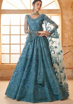 Blue Embroidered Net Lehenga Set