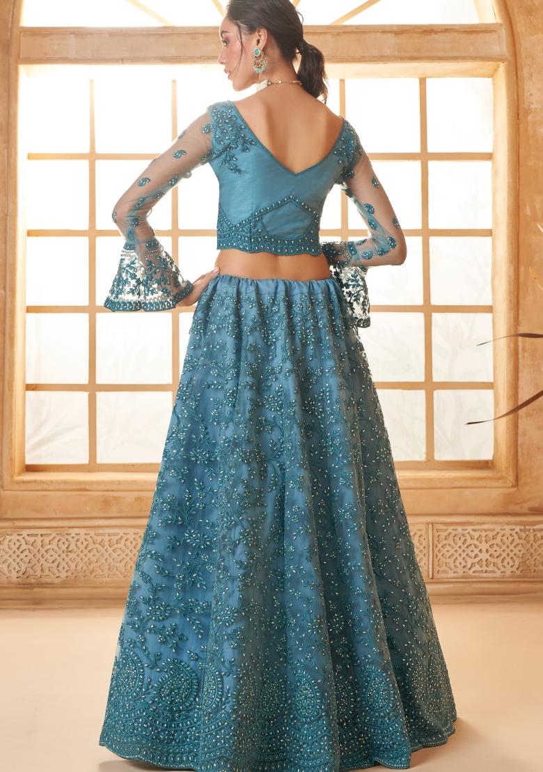 Blue Embroidered Net Lehenga Set - Indya