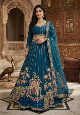 Blue Embroidered Net Lehenga Set