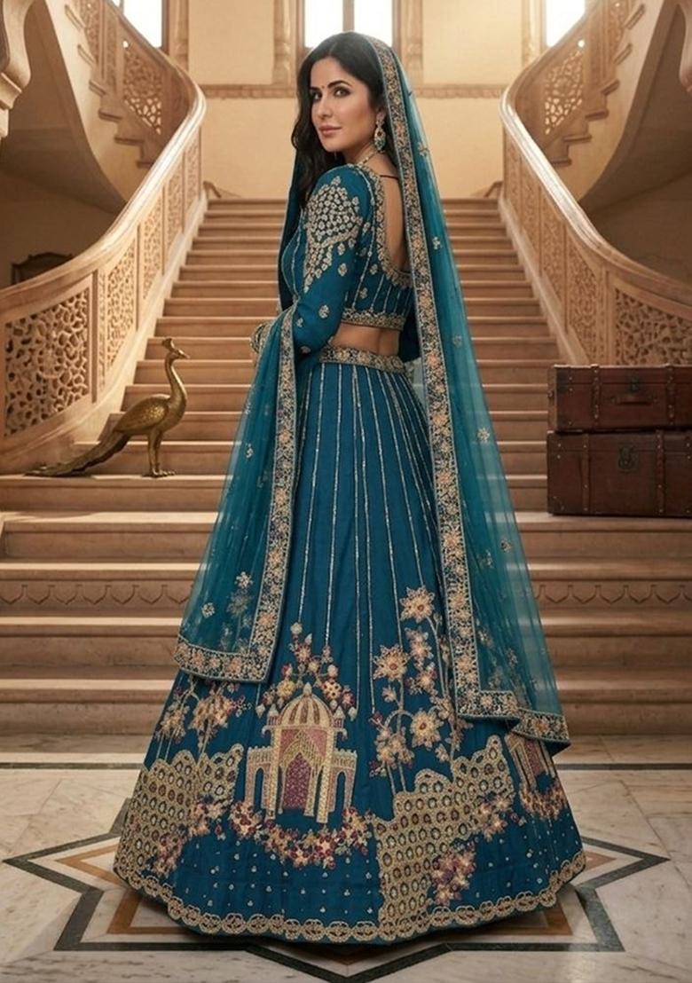 Blue Embroidered Net Lehenga Set - Indya