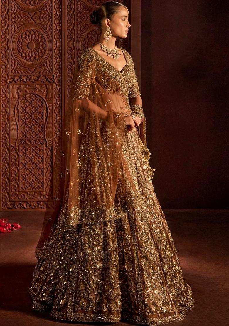 Brown Sequin Work Net Lehenga Set - Indya