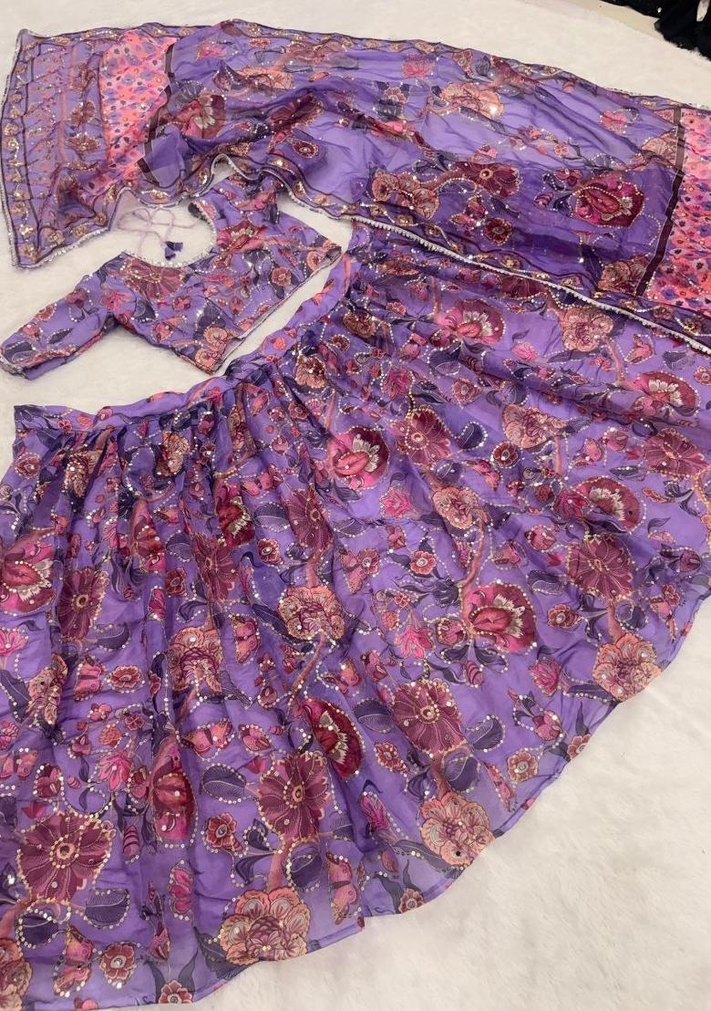 Purple Embroidered Silk Lehenga Set - Indya