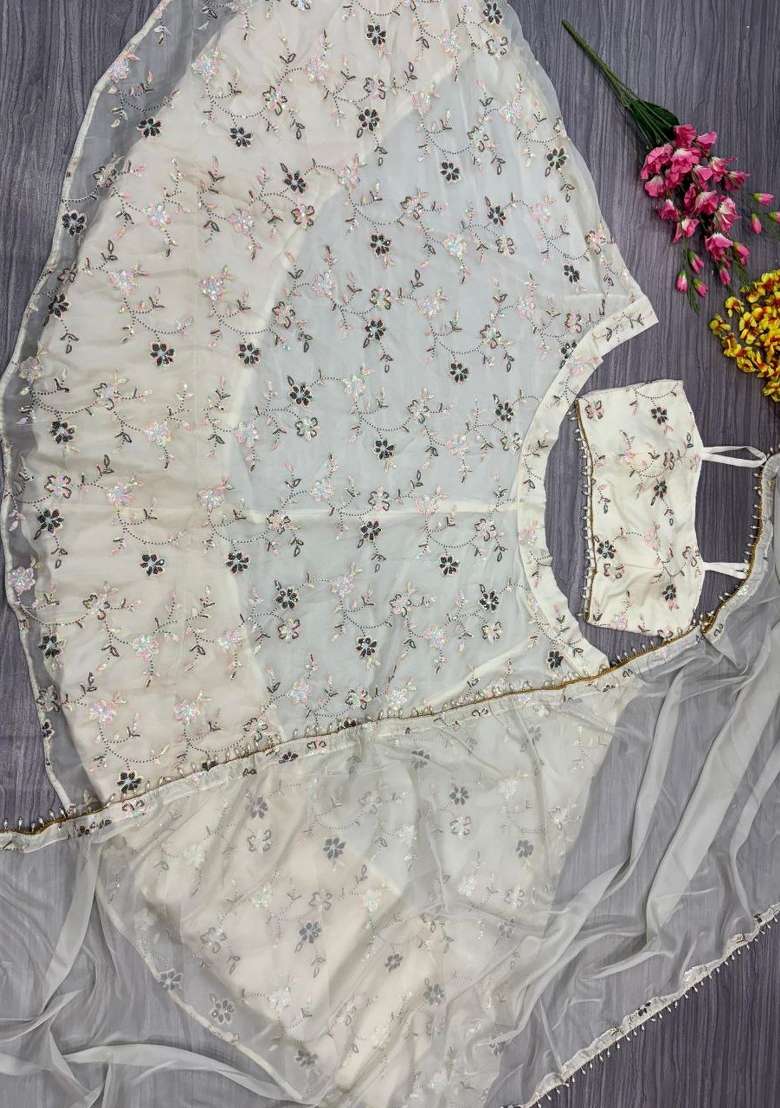 Beige Embellished Silk Lehenga Set - Indya