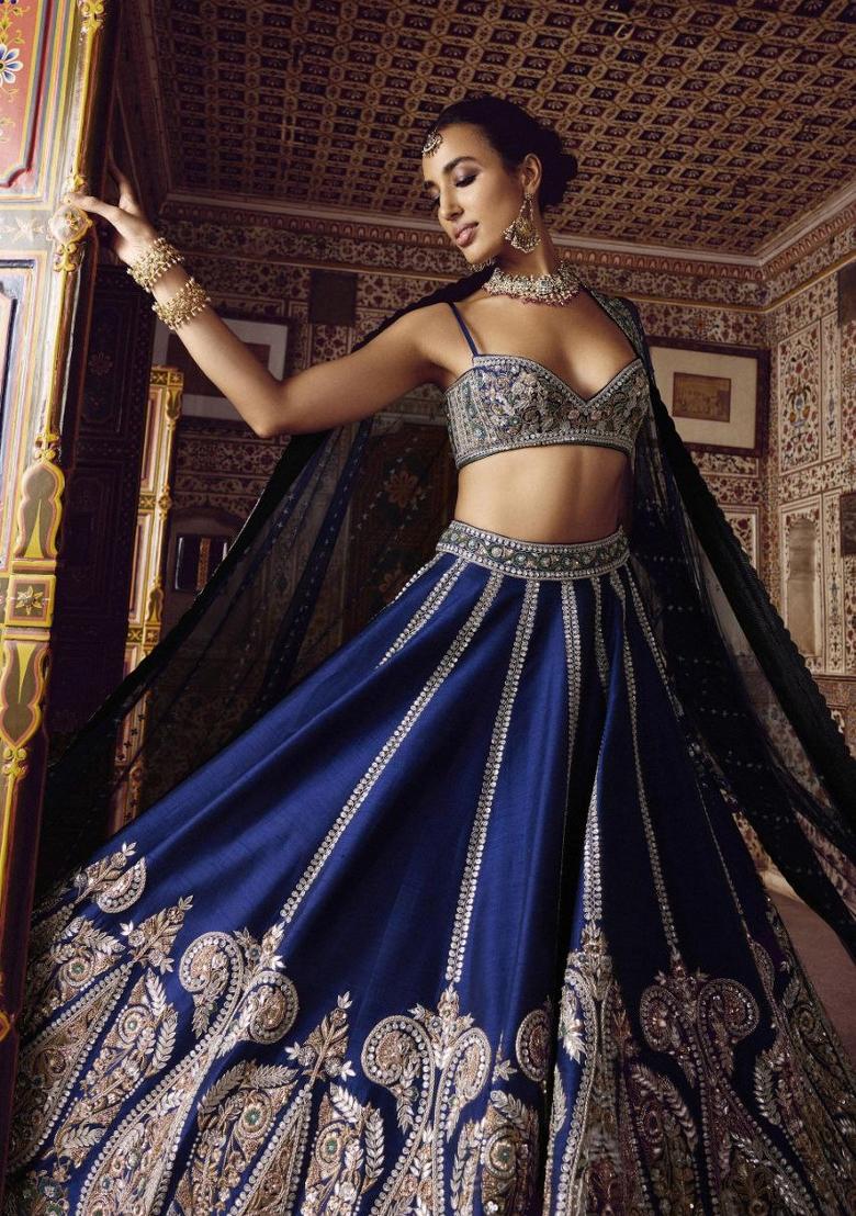 Blue Embroidered Silk Lehenga Set - Indya