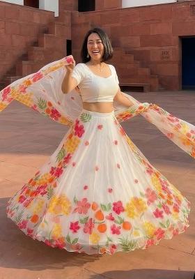 White Printed Silk Lehenga Set